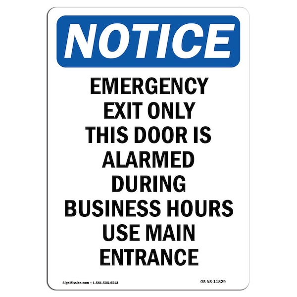 Safety Sign, OSHA Notice, 24" Height, Rigid Plastic, Emergency Exit Only This Door Sign, Portrait